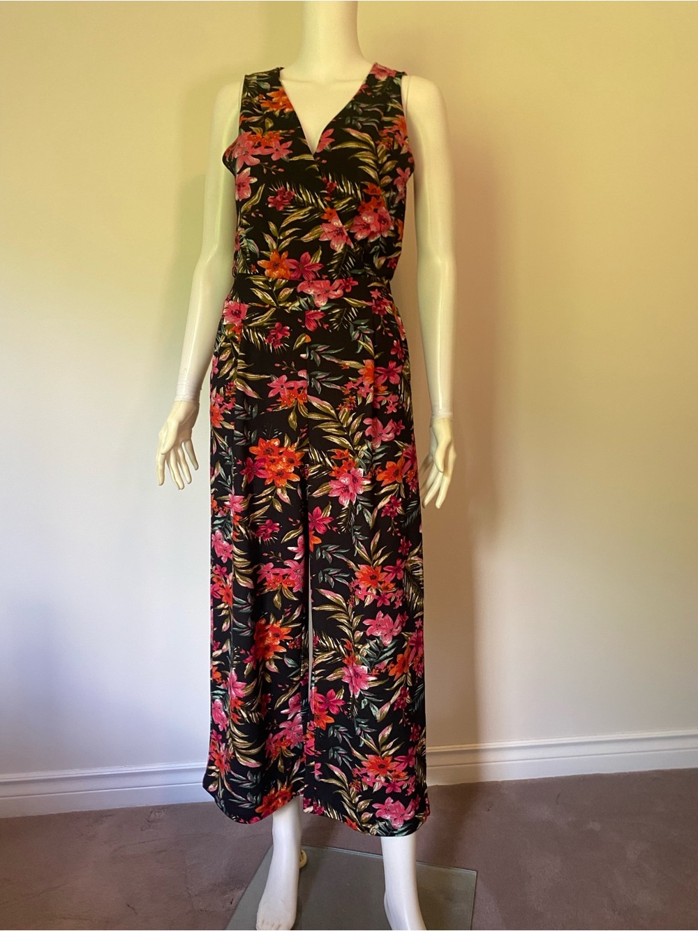 Dex Black Floral Sleeveless Wrap Jumpsuit with Pink & Orange Blooms